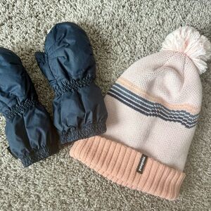 Patagonia Kids Light Pink Pom Beanie and Navy Winter Gloves
